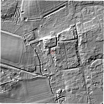 Shaded relief map of the ground around OX136NP, computed from Environment Agency LiDAR. The ground here sits at about 59 m above sea level and falls 8 m across the surrounding 800 m. Surface water reaching this point runs off ground lying to the north, 4.7 m higher.