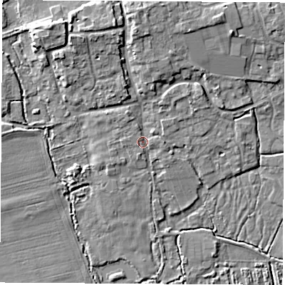 Shaded relief map of the ground around OX136NZ, computed from Environment Agency LiDAR. The ground here sits at about 57 m above sea level and falls 10 m across the surrounding 800 m. Surface water reaching this point runs off ground lying to the north-north-west, 5.7 m higher.