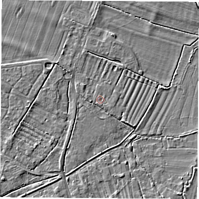 Shaded relief map of the ground around OX136RP, computed from Environment Agency LiDAR. The ground here sits at about 61 m above sea level and falls 5 m across the surrounding 800 m. Surface water reaching this point runs off ground lying to the south-west, 0.8 m higher.