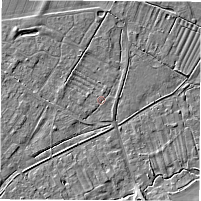Shaded relief map of the ground around OX136RR, computed from Environment Agency LiDAR. The ground here sits at about 62 m above sea level and falls 8 m across the surrounding 800 m. Surface water reaching this point runs off ground lying to the west, 0.8 m higher.