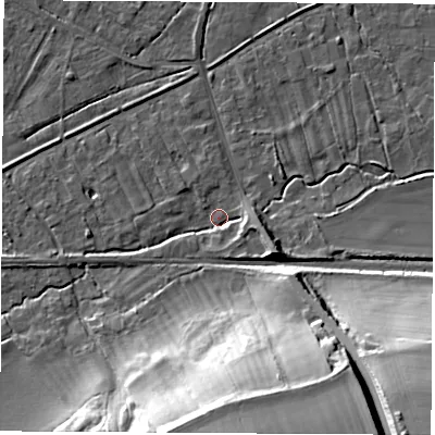 Shaded relief map of the ground around OX136RU, computed from Environment Agency LiDAR. The ground here sits at about 63 m above sea level and falls 33 m across the surrounding 800 m. Surface water reaching this point runs off ground lying to the east-south-east, 5.2 m higher.
