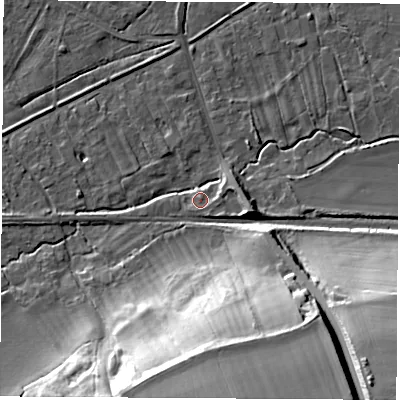 Shaded relief map of the ground around OX136RX, computed from Environment Agency LiDAR. The ground here sits at about 64 m above sea level and falls 34 m across the surrounding 800 m. Surface water reaching this point runs off ground lying to the east-south-east, 4.6 m higher.