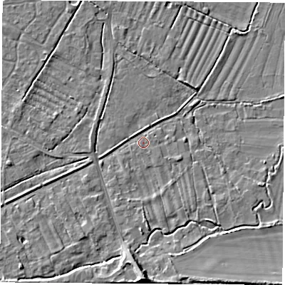Shaded relief map of the ground around OX136SA, computed from Environment Agency LiDAR. The ground here sits at about 61 m above sea level and falls 11 m across the surrounding 800 m. Surface water reaching this point runs off ground lying to the south, 6.5 m higher.