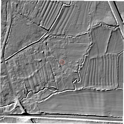 Shaded relief map of the ground around OX136SB, computed from Environment Agency LiDAR. The ground here sits at about 61 m above sea level and falls 13 m across the surrounding 800 m. Surface water reaching this point runs off ground lying to the south, 1.5 m higher.