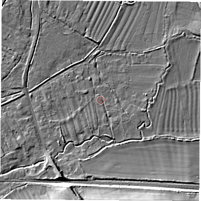 Shaded relief map of the ground around OX136SD, computed from Environment Agency LiDAR. The ground here sits at about 61 m above sea level and falls 14 m across the surrounding 800 m. Surface water reaching this point runs off ground lying to the south, 2.3 m higher.