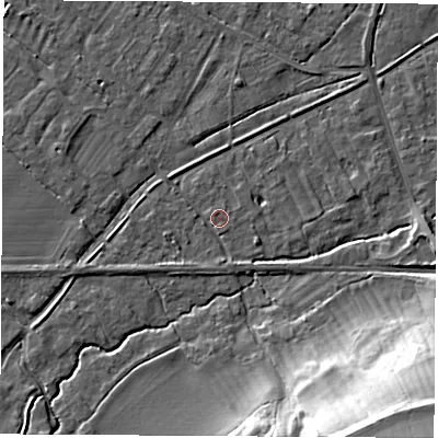 Shaded relief map of the ground around OX136SG, computed from Environment Agency LiDAR. The ground here sits at about 64 m above sea level and falls 30 m across the surrounding 800 m. Surface water reaching this point runs off ground lying to the south, 2.1 m higher.