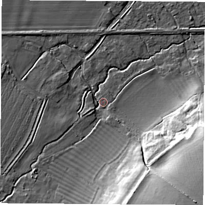 Shaded relief map of the ground around OX136SP, computed from Environment Agency LiDAR. The ground here sits at about 65 m above sea level and falls 34 m across the surrounding 800 m. Surface water reaching this point runs off ground lying to the south-south-east, 29.4 m higher.