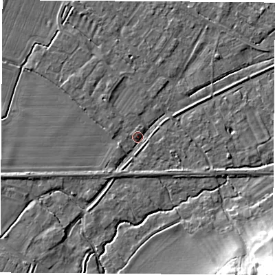 Shaded relief map of the ground around OX136SQ, computed from Environment Agency LiDAR. The ground here sits at about 64 m above sea level and falls 21 m across the surrounding 800 m. Surface water reaching this point runs off ground lying to the south-west, 2.7 m higher.