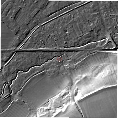 Shaded relief map of the ground around OX136SS, computed from Environment Agency LiDAR. The ground here sits at about 64 m above sea level and falls 35 m across the surrounding 800 m. Surface water reaching this point runs off ground lying to the south-south-east, 30.4 m higher.