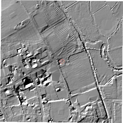 Shaded relief map of the ground around OX13JA, computed from Environment Agency LiDAR. The ground here sits at about 58 m above sea level and falls 11 m across the surrounding 800 m. Surface water reaching this point runs off ground lying to the west-north-west, 3.2 m higher.