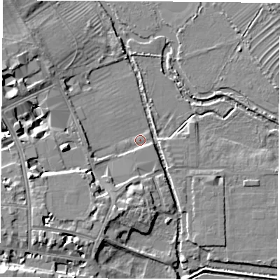 Shaded relief map of the ground around OX13TT, computed from Environment Agency LiDAR. The ground here sits at about 57 m above sea level and falls 11 m across the surrounding 800 m. Surface water reaching this point runs off ground lying to the west-south-west, 7.0 m higher.