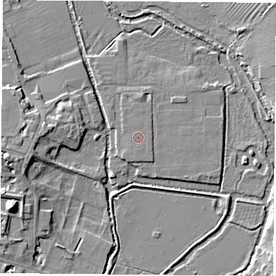 Shaded relief map of the ground around OX13UJ, computed from Environment Agency LiDAR. The ground here sits at about 58 m above sea level and falls 14 m across the surrounding 800 m. The ground contributing surface water to this point lies to the north.