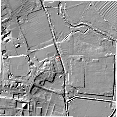 Shaded relief map of the ground around OX13UQ, computed from Environment Agency LiDAR. The ground here sits at about 58 m above sea level and falls 14 m across the surrounding 800 m. Surface water reaching this point runs off ground lying to the south-west, 6.0 m higher.