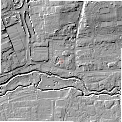 Shaded relief map of the ground around OX141AA, computed from Environment Agency LiDAR. The ground here sits at about 54 m above sea level and falls 11 m across the surrounding 800 m. Surface water reaching this point runs off ground lying to the north-west, 1.6 m higher.