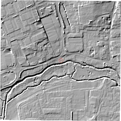 Shaded relief map of the ground around OX141AD, computed from Environment Agency LiDAR. The ground here sits at about 53 m above sea level and falls 11 m across the surrounding 800 m. Surface water reaching this point runs off ground lying to the west-north-west, 8.4 m higher.