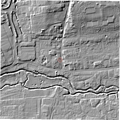 Shaded relief map of the ground around OX141AQ, computed from Environment Agency LiDAR. The ground here sits at about 53 m above sea level and falls 11 m across the surrounding 800 m. Surface water reaching this point runs off ground lying to the north-north-east, 8.4 m higher.