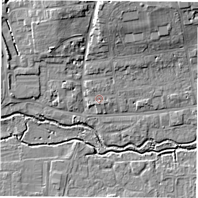 Shaded relief map of the ground around OX141DJ, computed from Environment Agency LiDAR. The ground here sits at about 53 m above sea level and falls 11 m across the surrounding 800 m. Surface water reaching this point runs off ground lying to the north-north-west, 0.9 m higher.