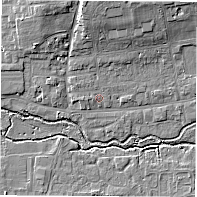 Shaded relief map of the ground around OX141DN, computed from Environment Agency LiDAR. The ground here sits at about 53 m above sea level and falls 11 m across the surrounding 800 m. Surface water reaching this point runs off ground lying to the north, 2.0 m higher.