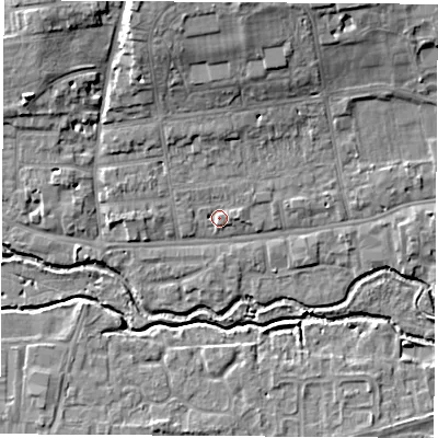 Shaded relief map of the ground around OX141DU, computed from Environment Agency LiDAR. The ground here sits at about 53 m above sea level and falls 11 m across the surrounding 800 m. Surface water reaching this point runs off ground lying to the east, 1.7 m higher.