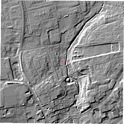 Shaded relief map of the ground around OX141ET, computed from Environment Agency LiDAR. The ground here sits at about 55 m above sea level and falls 9 m across the surrounding 800 m. Surface water reaching this point runs off ground lying to the west, 6.4 m higher.