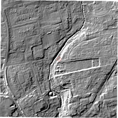 Shaded relief map of the ground around OX141EU, computed from Environment Agency LiDAR. The ground here sits at about 56 m above sea level and falls 9 m across the surrounding 800 m. Surface water reaching this point runs off ground lying to the north-west, 6.7 m higher.