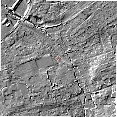 Shaded relief map of the ground around OX141NA, computed from Environment Agency LiDAR. The ground here sits at about 59 m above sea level and falls 10 m across the surrounding 800 m. Surface water reaching this point runs off ground lying to the north-north-east, 6.4 m higher.