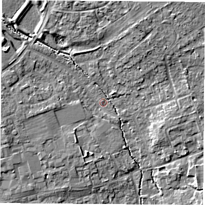 Shaded relief map of the ground around OX141NB, computed from Environment Agency LiDAR. The ground here sits at about 59 m above sea level and falls 10 m across the surrounding 800 m. Surface water reaching this point runs off ground lying to the west-north-west, 7.5 m higher.