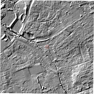 Shaded relief map of the ground around OX141ND, computed from Environment Agency LiDAR. The ground here sits at about 60 m above sea level and falls 10 m across the surrounding 800 m. Surface water reaching this point runs off ground lying to the north-east, 6.2 m higher.