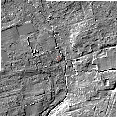 Shaded relief map of the ground around OX141NR, computed from Environment Agency LiDAR. The ground here sits at about 59 m above sea level and falls 8 m across the surrounding 800 m. Surface water reaching this point runs off ground lying to the west-north-west, 1.0 m higher.