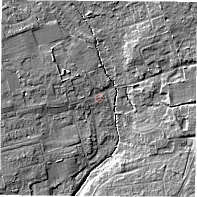 Shaded relief map of the ground around OX141NS, computed from Environment Agency LiDAR. The ground here sits at about 59 m above sea level and falls 8 m across the surrounding 800 m. Surface water reaching this point runs off ground lying to the north-west, 3.0 m higher.