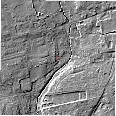 Shaded relief map of the ground around OX141NZ, computed from Environment Agency LiDAR. The ground here sits at about 58 m above sea level and falls 8 m across the surrounding 800 m. Surface water reaching this point runs off ground lying to the west-south-west, 2.5 m higher.