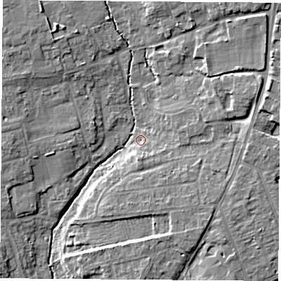 Shaded relief map of the ground around OX141PB, computed from Environment Agency LiDAR. The ground here sits at about 57 m above sea level and falls 8 m across the surrounding 800 m. Surface water reaching this point runs off ground lying to the south, 2.7 m higher.