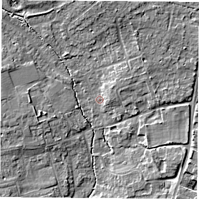 Shaded relief map of the ground around OX141PE, computed from Environment Agency LiDAR. The ground here sits at about 58 m above sea level and falls 9 m across the surrounding 800 m. Surface water reaching this point runs off ground lying to the north, 7.0 m higher.