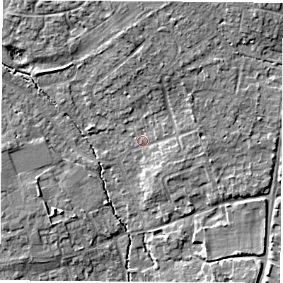 Shaded relief map of the ground around OX141PF, computed from Environment Agency LiDAR. The ground here sits at about 59 m above sea level and falls 10 m across the surrounding 800 m. Surface water reaching this point runs off ground lying to the north, 5.8 m higher.