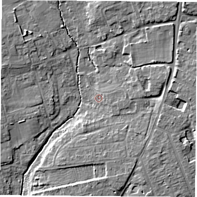 Shaded relief map of the ground around OX141QB, computed from Environment Agency LiDAR. The ground here sits at about 58 m above sea level and falls 8 m across the surrounding 800 m. Surface water reaching this point runs off ground lying to the east, 1.9 m higher.