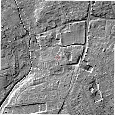 Shaded relief map of the ground around OX141QD, computed from Environment Agency LiDAR. The ground here sits at about 59 m above sea level and falls 8 m across the surrounding 800 m. Surface water reaching this point runs off ground lying to the east-south-east, 1.9 m higher.