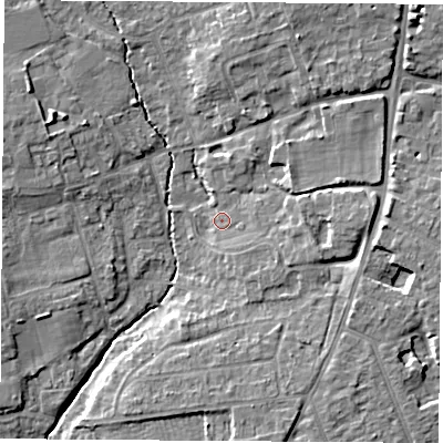 Shaded relief map of the ground around OX141QE, computed from Environment Agency LiDAR. The ground here sits at about 58 m above sea level and falls 8 m across the surrounding 800 m. Surface water reaching this point runs off ground lying to the east, 4.2 m higher.