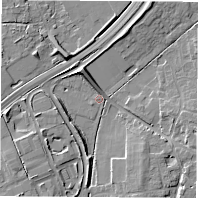 Shaded relief map of the ground around OX141RE, computed from Environment Agency LiDAR. The ground here sits at about 56 m above sea level and falls 12 m across the surrounding 800 m. Surface water reaching this point runs off ground lying to the north, 2.9 m higher.