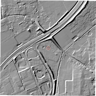 Shaded relief map of the ground around OX141RF, computed from Environment Agency LiDAR. The ground here sits at about 56 m above sea level and falls 11 m across the surrounding 800 m. Surface water reaching this point runs off ground lying to the north, 5.6 m higher.