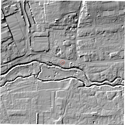Shaded relief map of the ground around OX141SP, computed from Environment Agency LiDAR. The ground here sits at about 53 m above sea level and falls 10 m across the surrounding 800 m. Surface water reaching this point runs off ground lying to the north-north-west, 1.6 m higher.