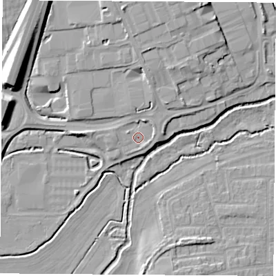 Shaded relief map of the ground around OX141TZ, computed from Environment Agency LiDAR. The ground here sits at about 54 m above sea level and falls 11 m across the surrounding 800 m. Surface water reaching this point runs off ground lying to the north, 3.9 m higher.