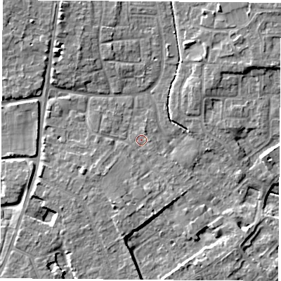 Shaded relief map of the ground around OX142AN, computed from Environment Agency LiDAR. The ground here sits at about 59 m above sea level and falls 8 m across the surrounding 800 m. Surface water reaching this point runs off ground lying to the south, 3.5 m higher.