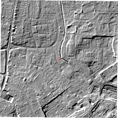 Shaded relief map of the ground around OX142AP, computed from Environment Agency LiDAR. The ground here sits at about 58 m above sea level and falls 8 m across the surrounding 800 m. Surface water reaching this point runs off ground lying to the west-north-west, 5.4 m higher.