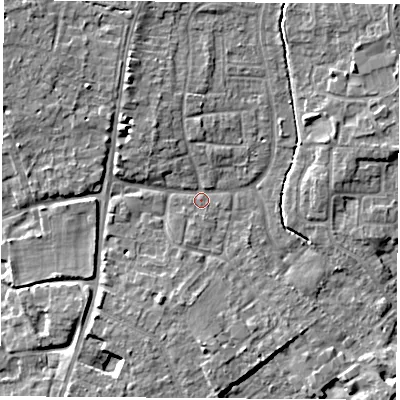 Shaded relief map of the ground around OX142BT, computed from Environment Agency LiDAR. The ground here sits at about 59 m above sea level and falls 7 m across the surrounding 800 m. Surface water reaching this point runs off ground lying to the north-west, 4.3 m higher.