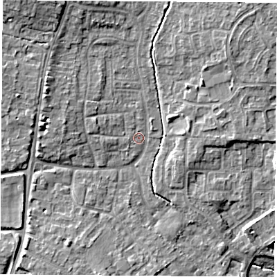 Shaded relief map of the ground around OX142BU, computed from Environment Agency LiDAR. The ground here sits at about 59 m above sea level and falls 10 m across the surrounding 800 m. Surface water reaching this point runs off ground lying to the west, 4.5 m higher.