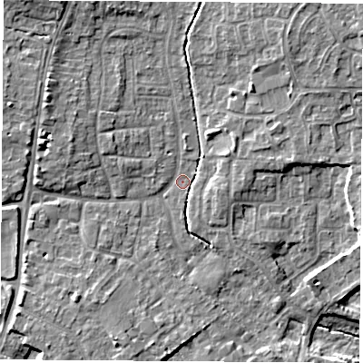Shaded relief map of the ground around OX142BX, computed from Environment Agency LiDAR. The ground here sits at about 58 m above sea level and falls 9 m across the surrounding 800 m. Surface water reaching this point runs off ground lying to the north-west, 5.4 m higher.