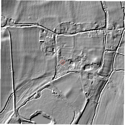 Shaded relief map of the ground around OX143BA, computed from Environment Agency LiDAR. The ground here sits at about 53 m above sea level and falls 6 m across the surrounding 800 m. Surface water reaching this point runs off ground lying to the north-west, 2.2 m higher.