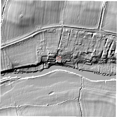 Shaded relief map of the ground around OX143BZ, computed from Environment Agency LiDAR. The ground here sits at about 50 m above sea level and falls 13 m across the surrounding 800 m. Surface water reaching this point runs off ground lying to the north-north-west, 7.4 m higher.