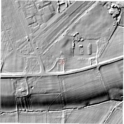Shaded relief map of the ground around OX143DD, computed from Environment Agency LiDAR. The ground here sits at about 58 m above sea level and falls 13 m across the surrounding 800 m. Surface water reaching this point runs off ground lying to the south, 1.9 m higher.