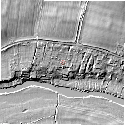 Shaded relief map of the ground around OX143DJ, computed from Environment Agency LiDAR. The ground here sits at about 51 m above sea level and falls 14 m across the surrounding 800 m. Surface water reaching this point runs off ground lying to the north-east, 9.2 m higher.